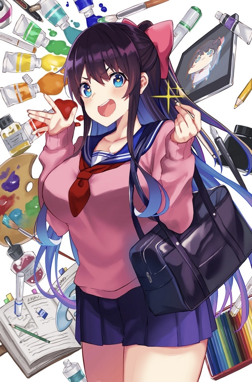 Anime girl with art supplies and a school bag