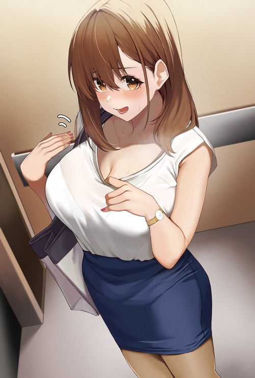 Brunette woman in white top and blue skirt