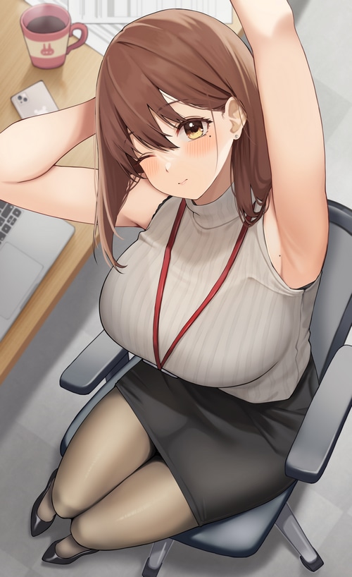 Office girl stretching at a desk with coffee