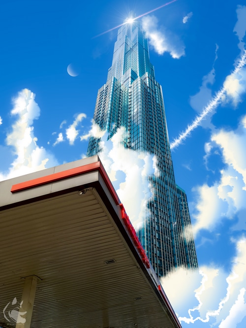Skyscraper and gas station under a cloudy sky