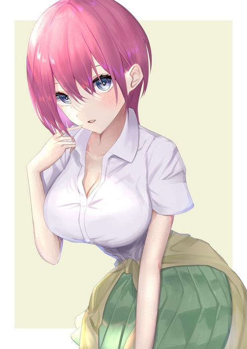 Ichika Nakano in a white shirt and green skirt