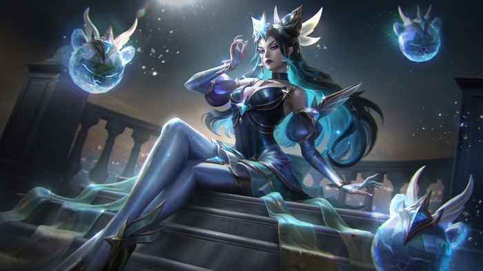 Syndra from League of Legends sitting on stairs with orbs