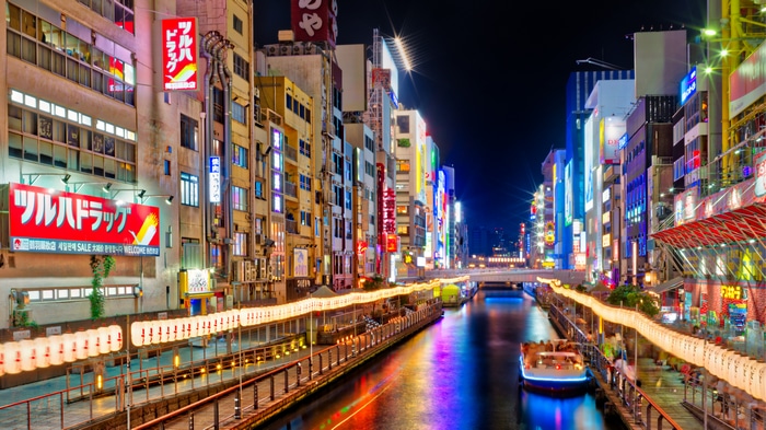 4K Osaka Japan Canal at Night with Neon Lights