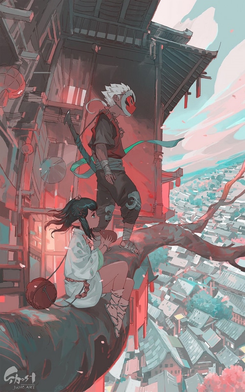 Artwork of two characters on a tree branch