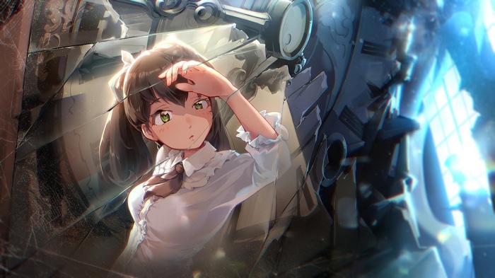 Anime girl with green eyes behind broken glass