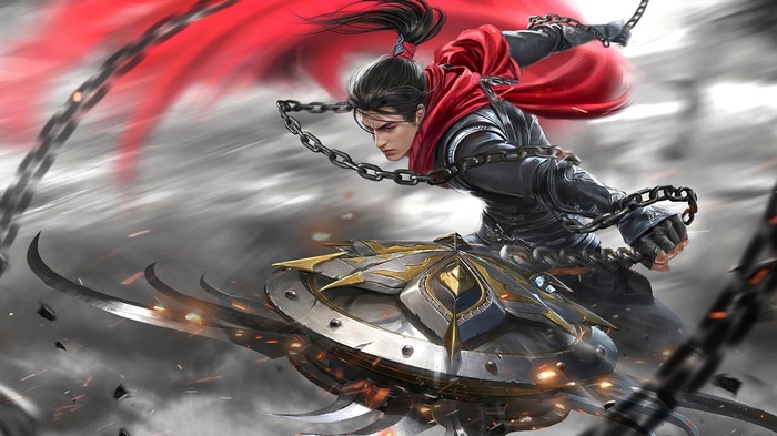 4K fantasy warrior with chains and blades