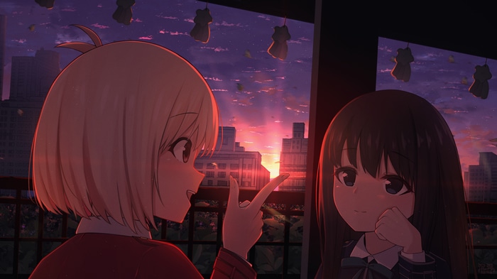 Lycoris Recoil fan art: Nishikigi Chisato and Inoue Takina at sunset
