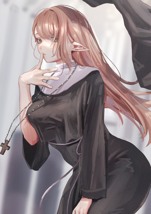Anime fantasy girl with pointy ears in nun outfit