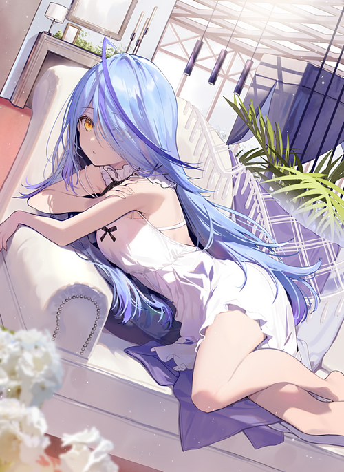 Anime girl with blue hair on a couch