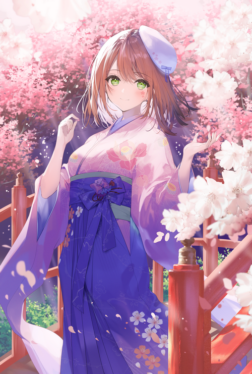 Anime girl in kimono with cherry blossoms
