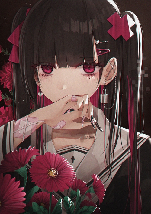 Girl with red eyes and dark hair holding flowers