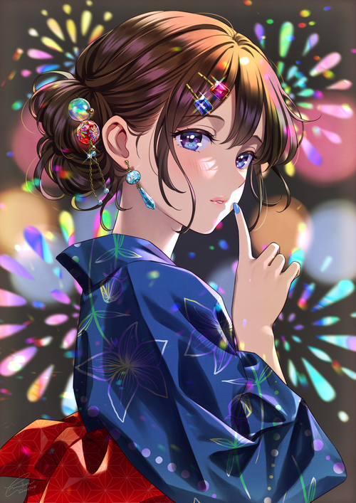 Anime girl in yukata with fireworks