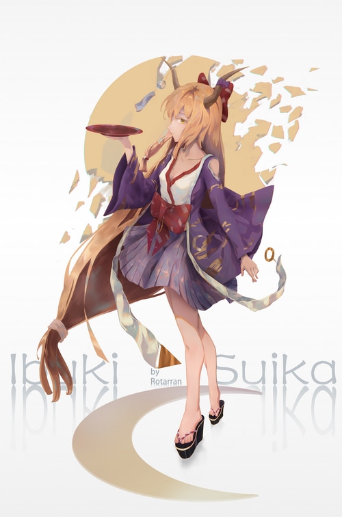 4K Ibuki Suika with horns and blonde hair