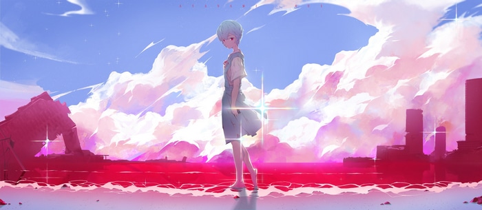 Ayanami Rei from Neon Genesis Evangelion in a ruined landscape