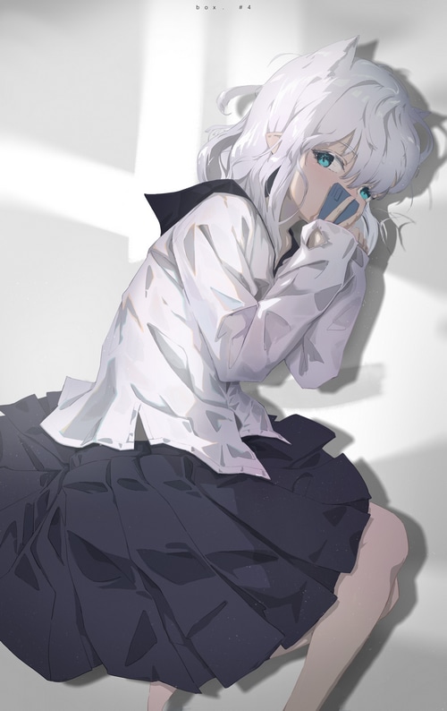 Anime cat girl with white hair and green eyes