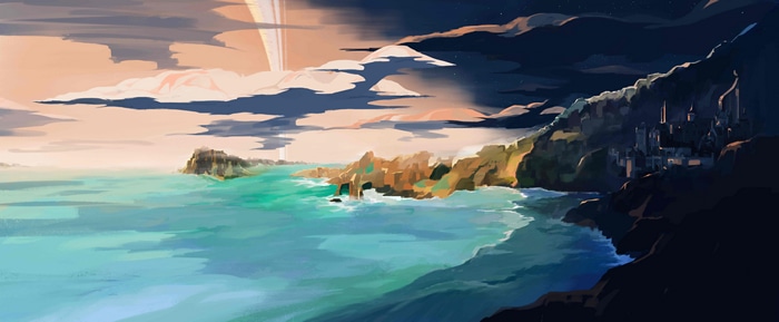 4K artwork of Rotarran coast with castle