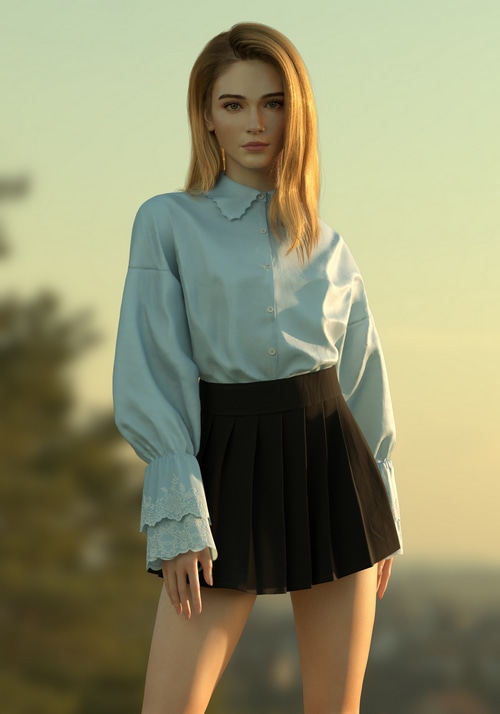 Yue Wang wearing a blue shirt and black pleated skirt
