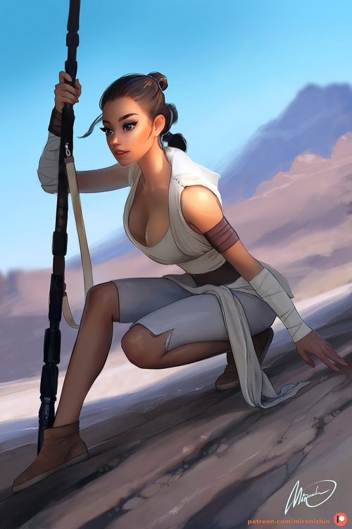 Rey from Star Wars in a desert landscape