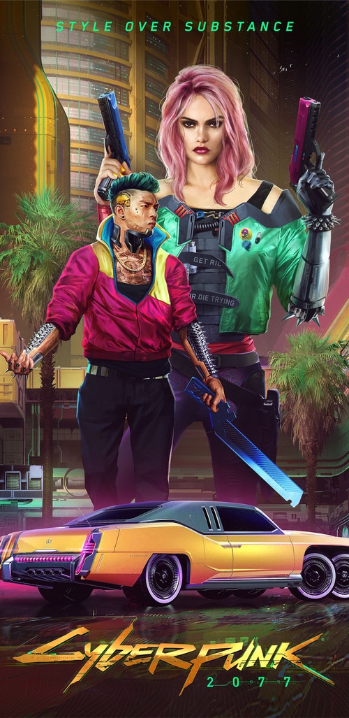 Cyberpunk 2077 characters with guns and a car