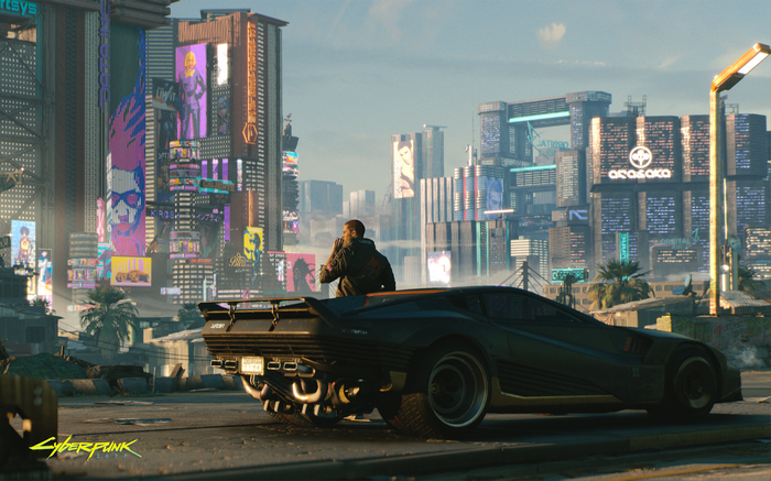 Cyberpunk 2077 futuristic city with car and person