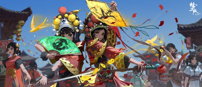 4K Chinese Opera Women with Fans and Swords