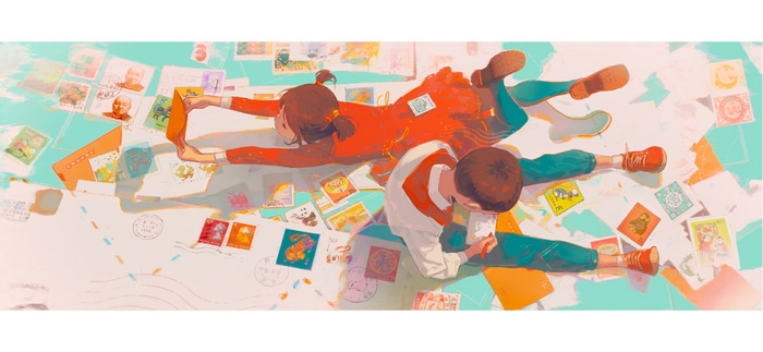 Children surrounded by stamps and envelopes