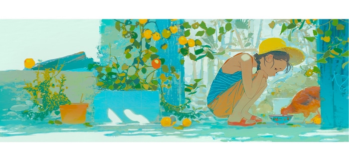 Girl feeding a chicken near orange trees