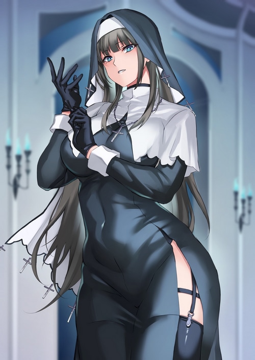 Anime nun with blue eyes and dark habit