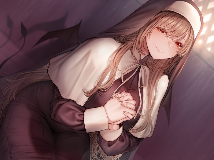Anime girl in nun outfit with devil wings