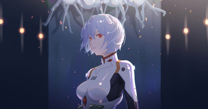 Ayanami Rei in a white bodysuit from Neon Genesis Evangelion
