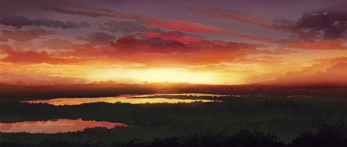 4K illustration of a sunset over a landscape with lakes