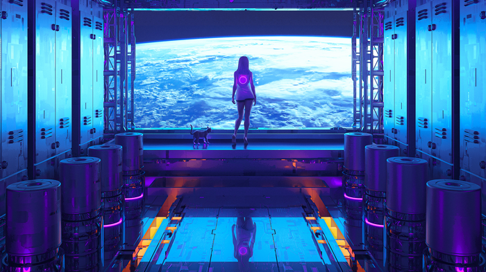 4K Science Fiction Spaceship Interior with Woman and Cat