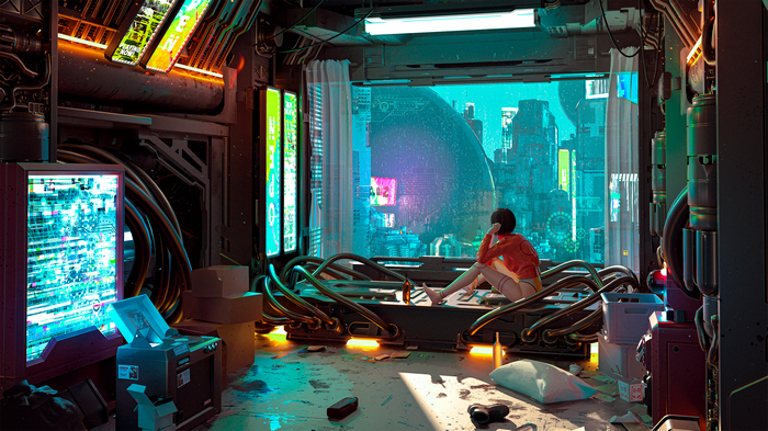 Cyberpunk room with a person looking out the window