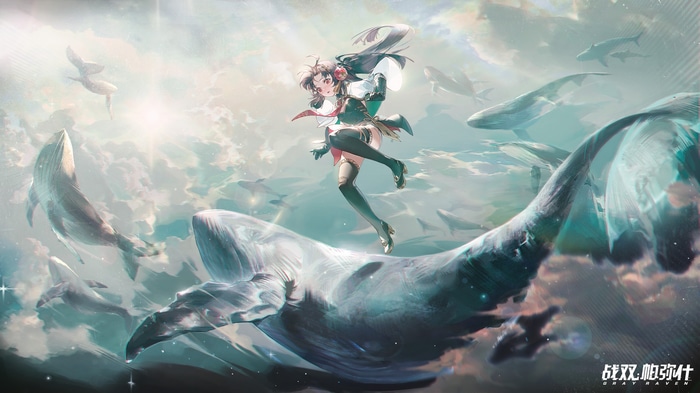Anime girl and whales in the sky
