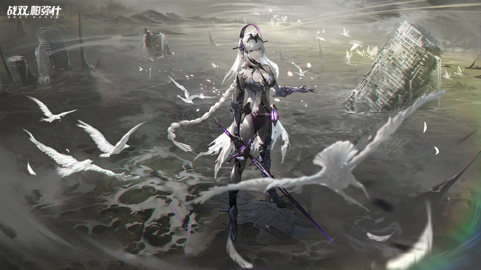 Punishing: Gray Raven character with birds in ruins