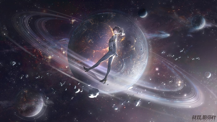 Anime girl in space with planet and rings