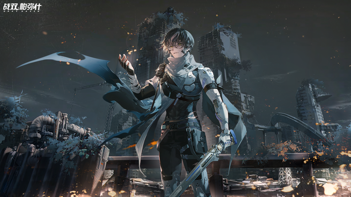 Gray Raven character with glasses and sword