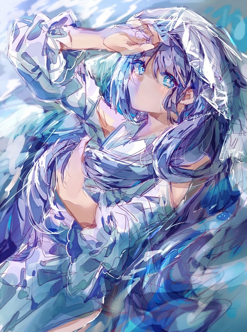 Anime girl with blue eyes and blue hair