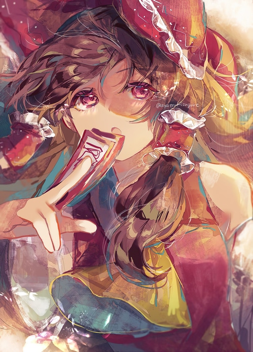 Hakurei Reimu from Touhou holding a charm