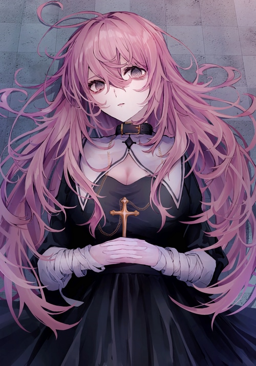Anime girl with pink hair and nun outfit holding a cross