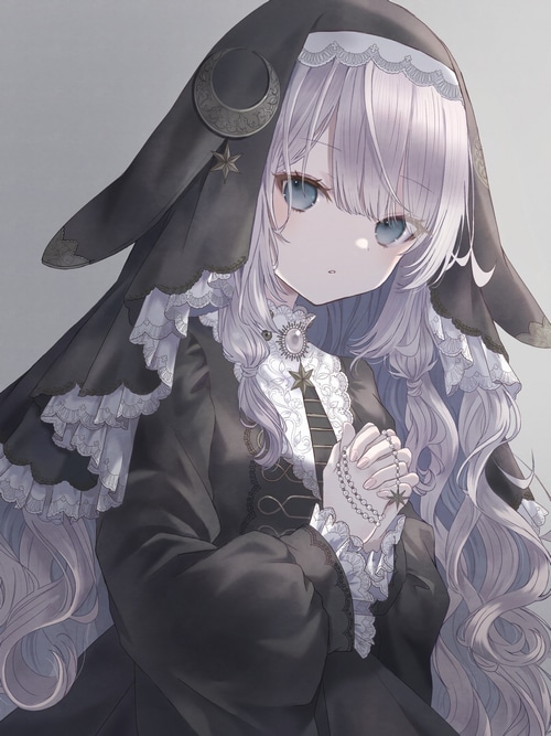 Anime girl in nun outfit praying with rosary