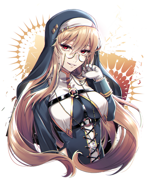 Fan art of a nun with blonde hair and red eyes