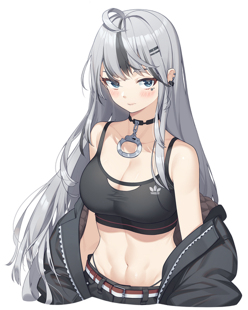 Anime girl with silver hair wearing a sports bra