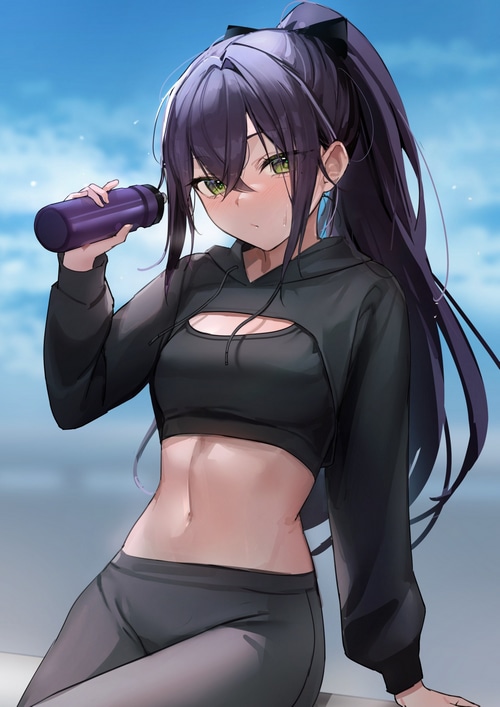 Anime girl with purple hair drinking from a water bottle