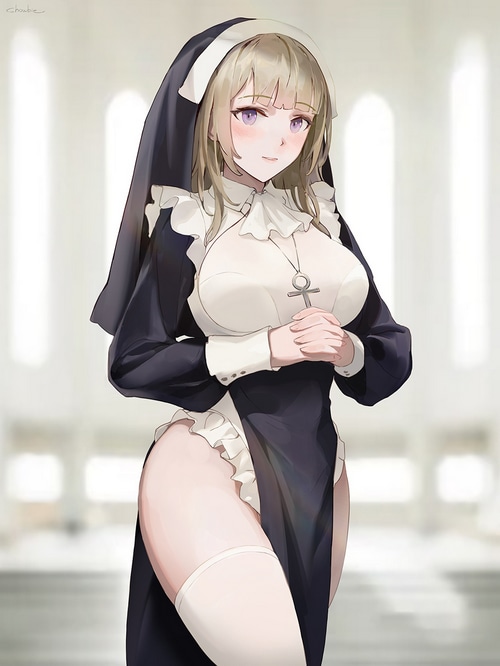 Anime girl in a nun outfit with an ankh necklace