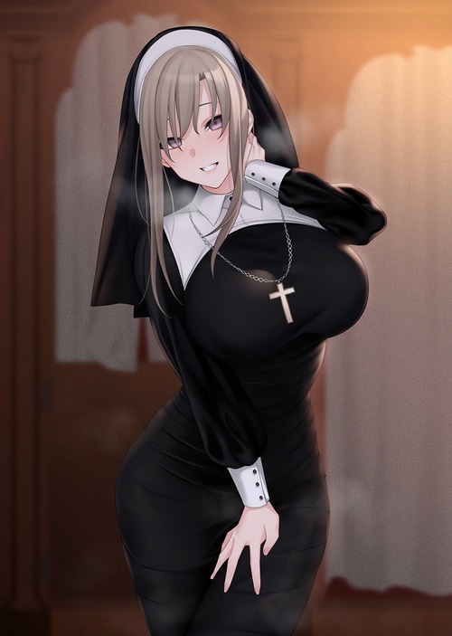 Anime girl in a nun outfit with a cross necklace