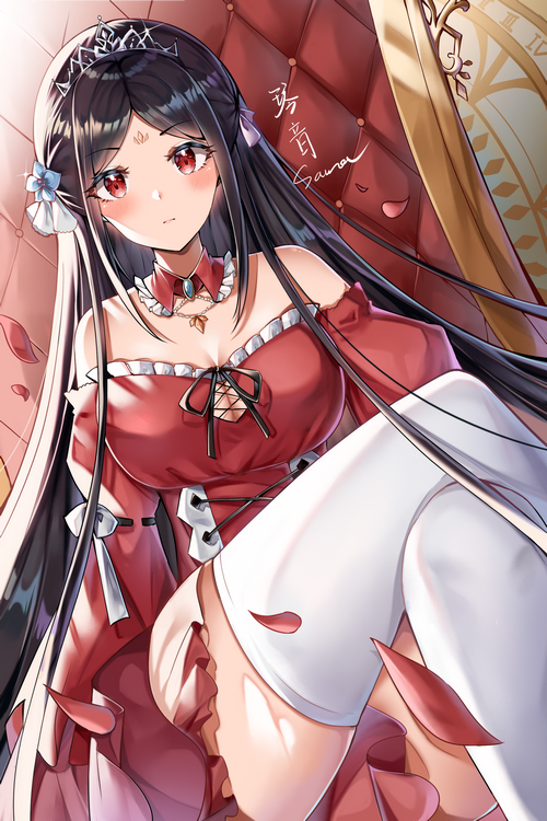Anime girl with black hair and red eyes wearing a red dress