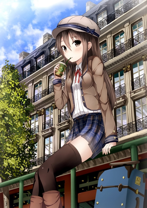 Anime girl with hat drinking from a cup