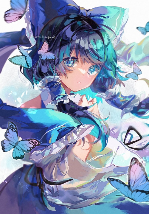 Anime girl with blue hair and butterflies