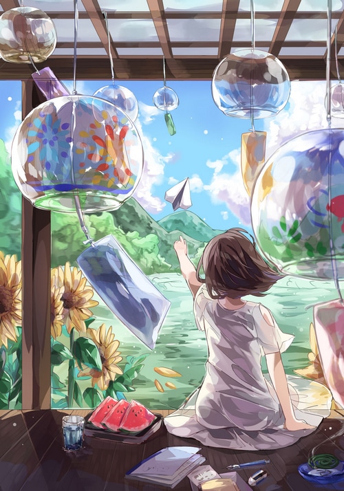 Anime girl throwing paper airplane with sunflowers and wind chimes